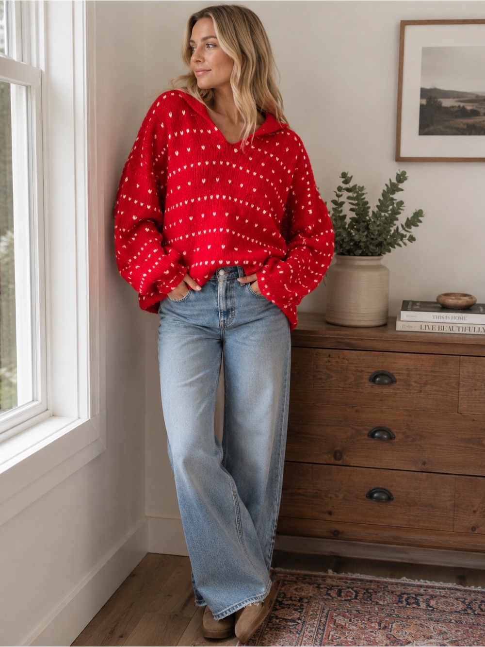 Wooden Ships  Red Heart Pattern V-Neck Cozy Sweater w/hood size M/L